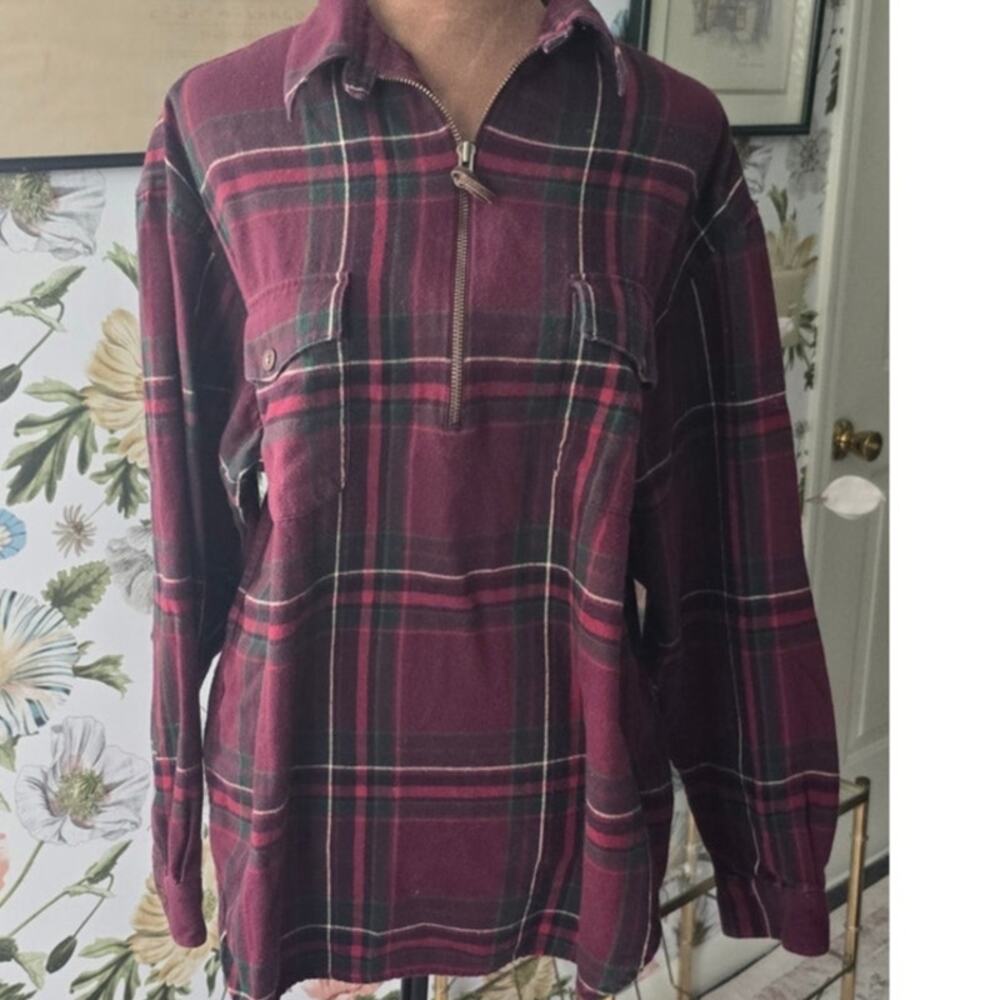 Ralph Lauren half Zip Flannel Size Medium in Beautiful Burgundy and Green Plaid